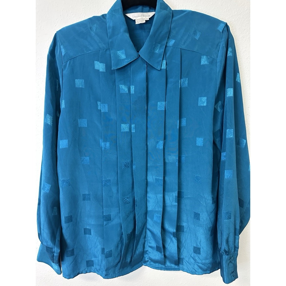 Vintage Susan Hutton Size 12 Pleated Satin Blouse Quiet Luxury Teal Jewel Tone